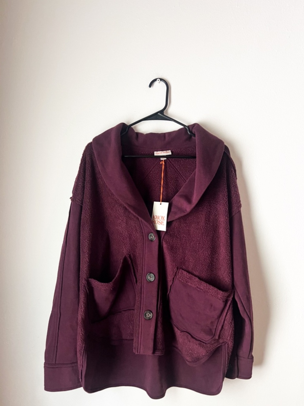 Burgundy Sherpa Shacket Cardigan Large Cozy Boho Oversized Cabin Core - Picture 2 of 4